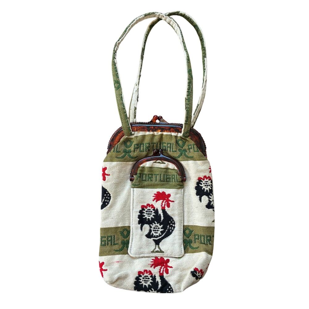 Vintage Tapestry Portugal Rooster Bag Tortoiseshell Plastic Closure